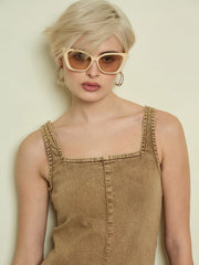 Women Beige Washed Denim Strappy Midi Dress-SFDRSS13345