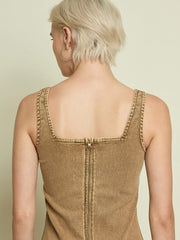 Women Beige Washed Denim Strappy Midi Dress-SFDRSS13345