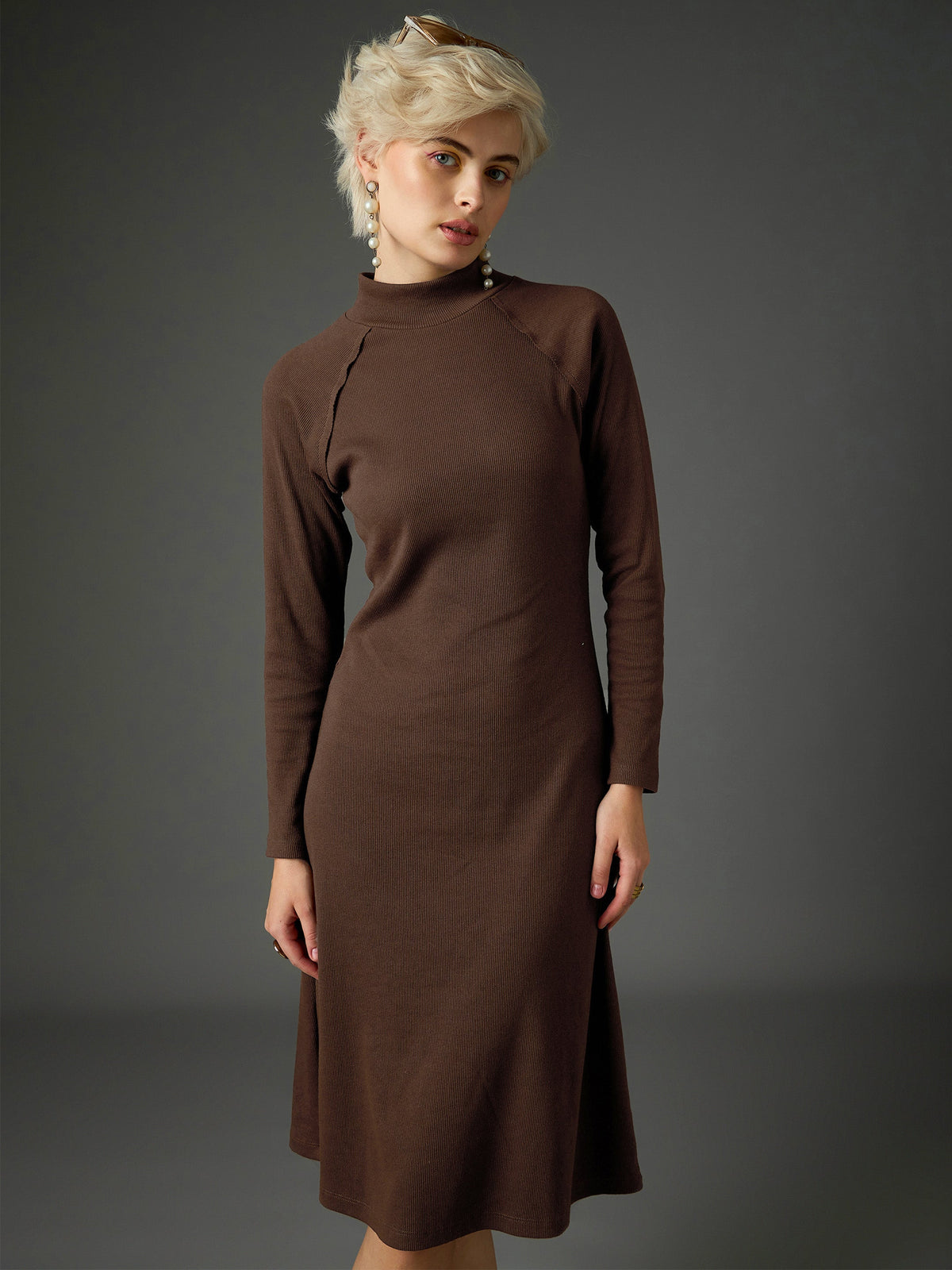 Women Dark Brown Rib Turtle Neck Raglan Sleeves Midi Dress-SFDRSS13346