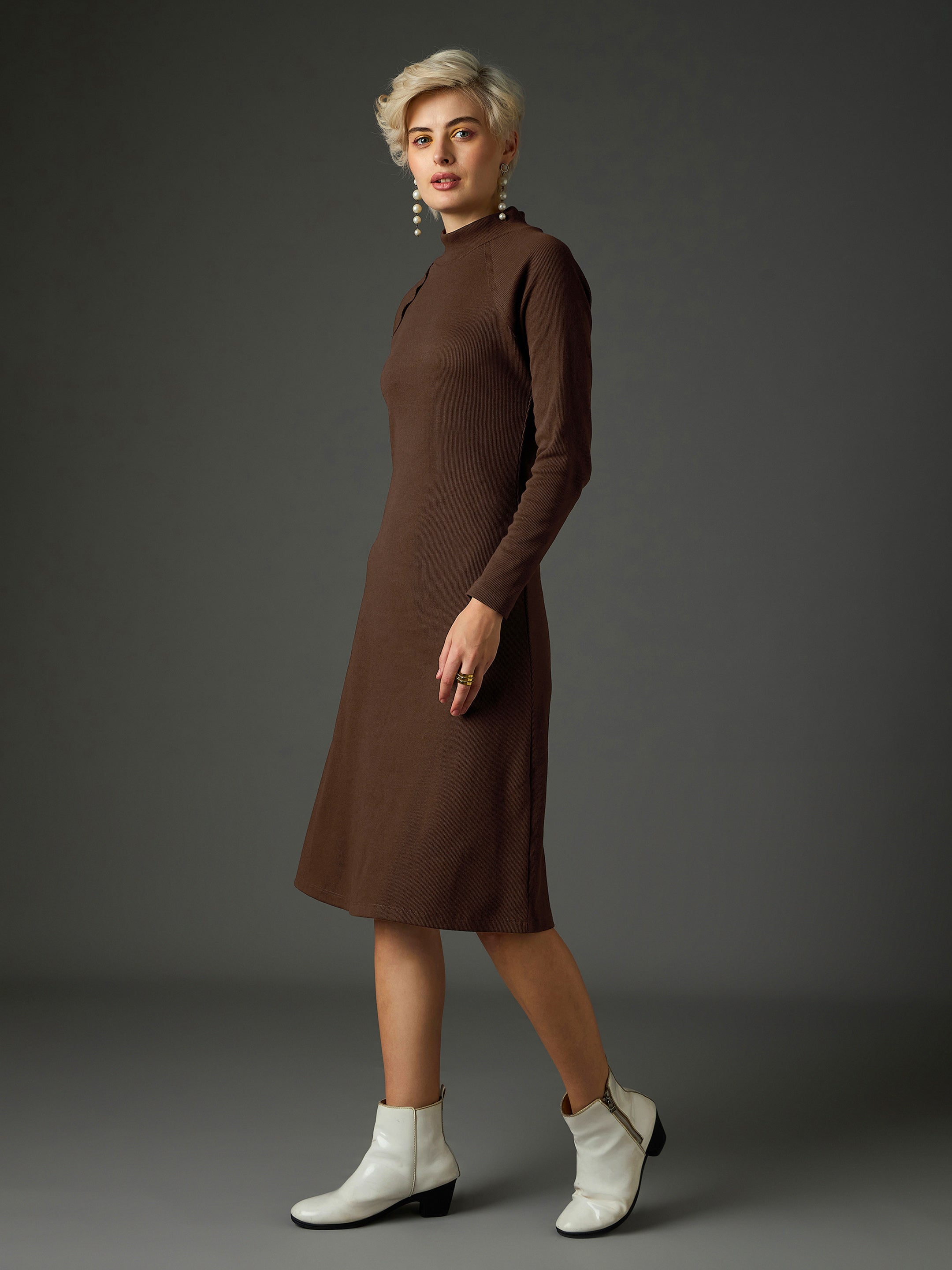 Women Dark Brown Rib Turtle Neck Raglan Sleeves Midi Dress-SFDRSS13346
