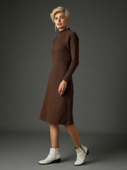 Women Dark Brown Rib Turtle Neck Raglan Sleeves Midi Dress-SFDRSS13346