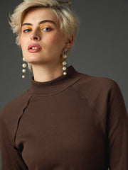 Women Dark Brown Rib Turtle Neck Raglan Sleeves Midi Dress-SFDRSS13346