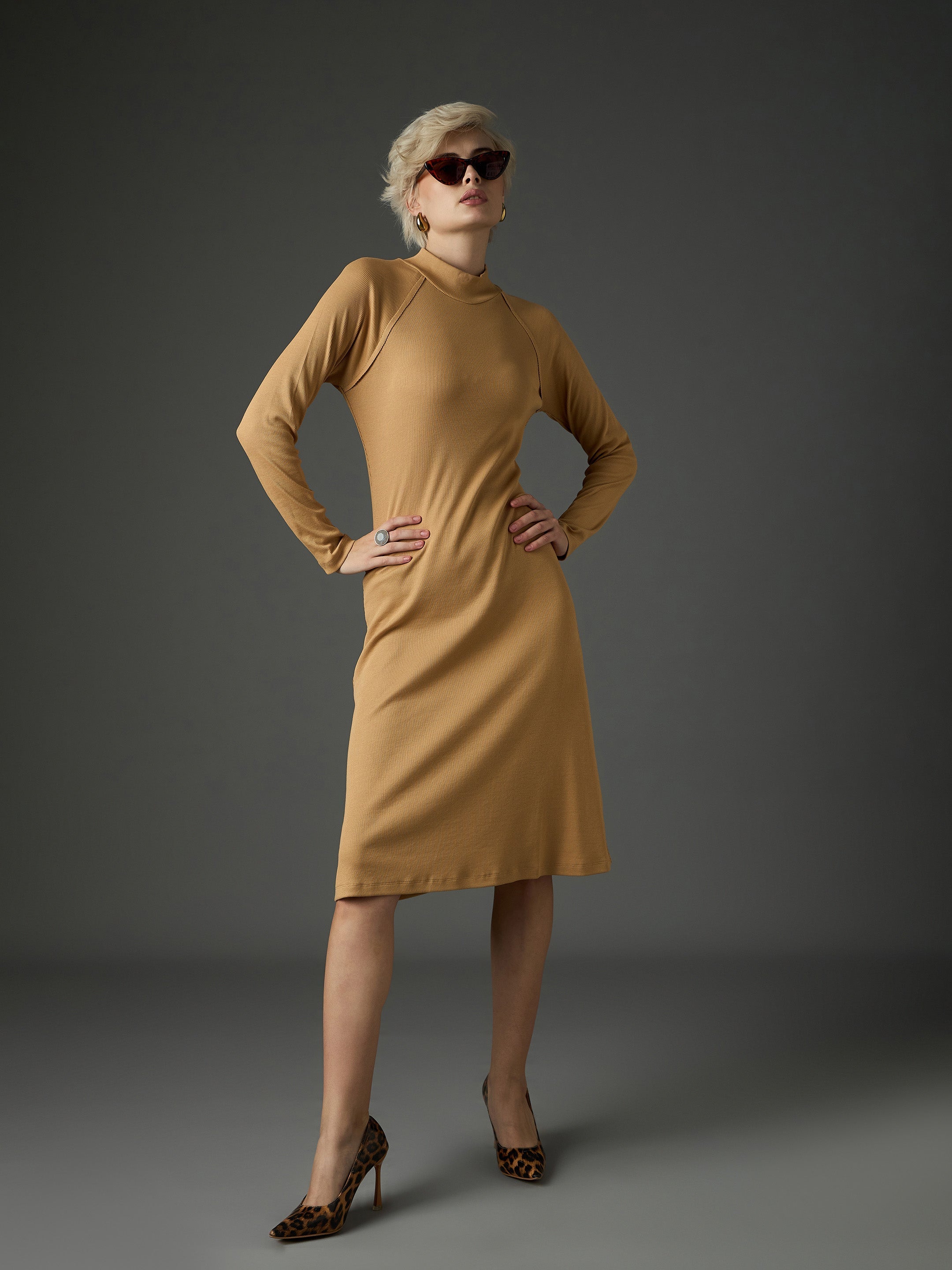 Women Tan Rib Turtle Neck Raglan Sleeves Midi Dress-SFDRSS13347