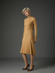 Women Tan Rib Turtle Neck Raglan Sleeves Midi Dress-SFDRSS13347