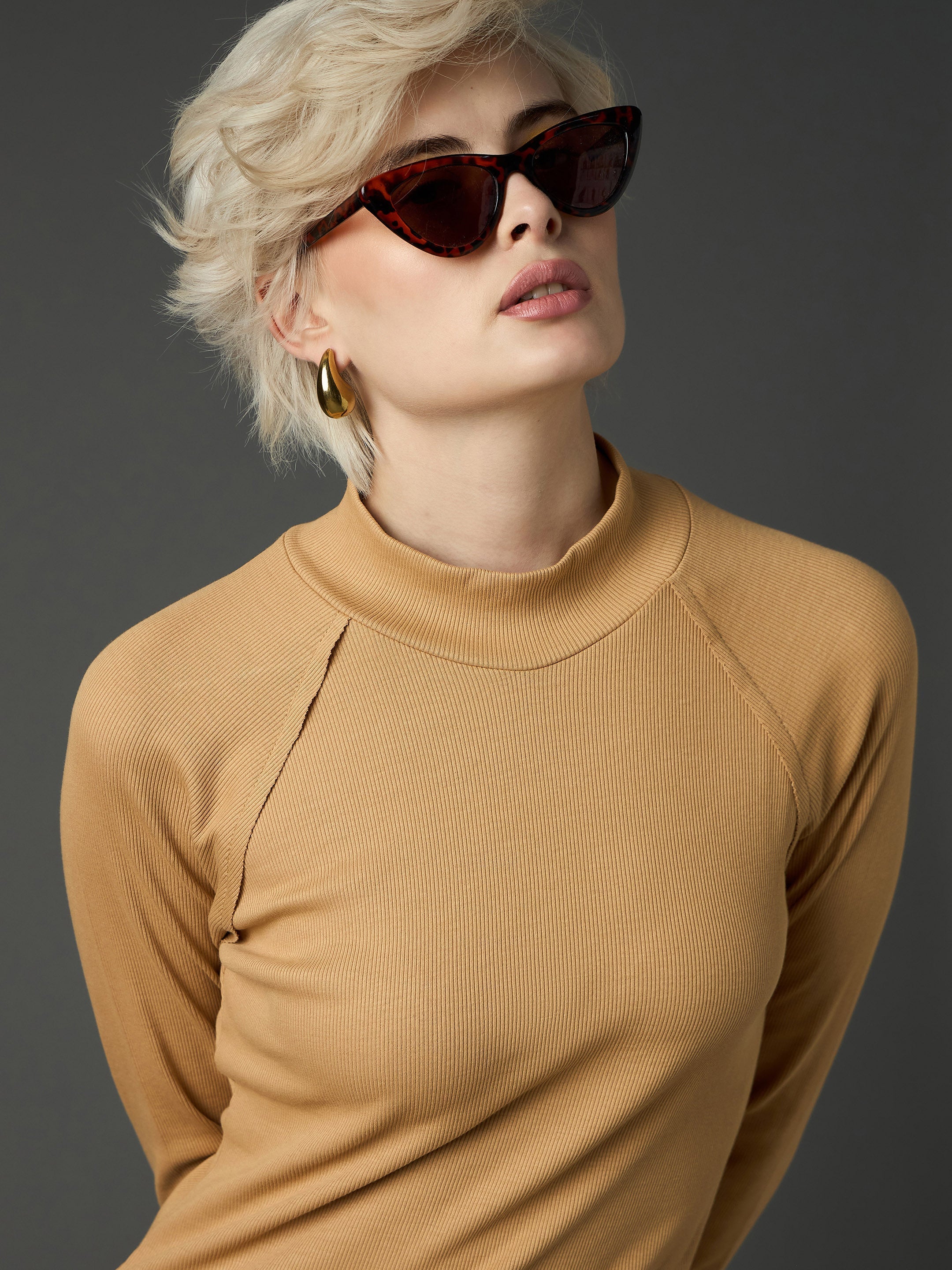 Women Tan Rib Turtle Neck Raglan Sleeves Midi Dress-SFDRSS13347