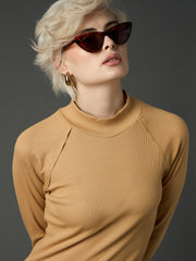 Women Tan Rib Turtle Neck Raglan Sleeves Midi Dress-SFDRSS13347