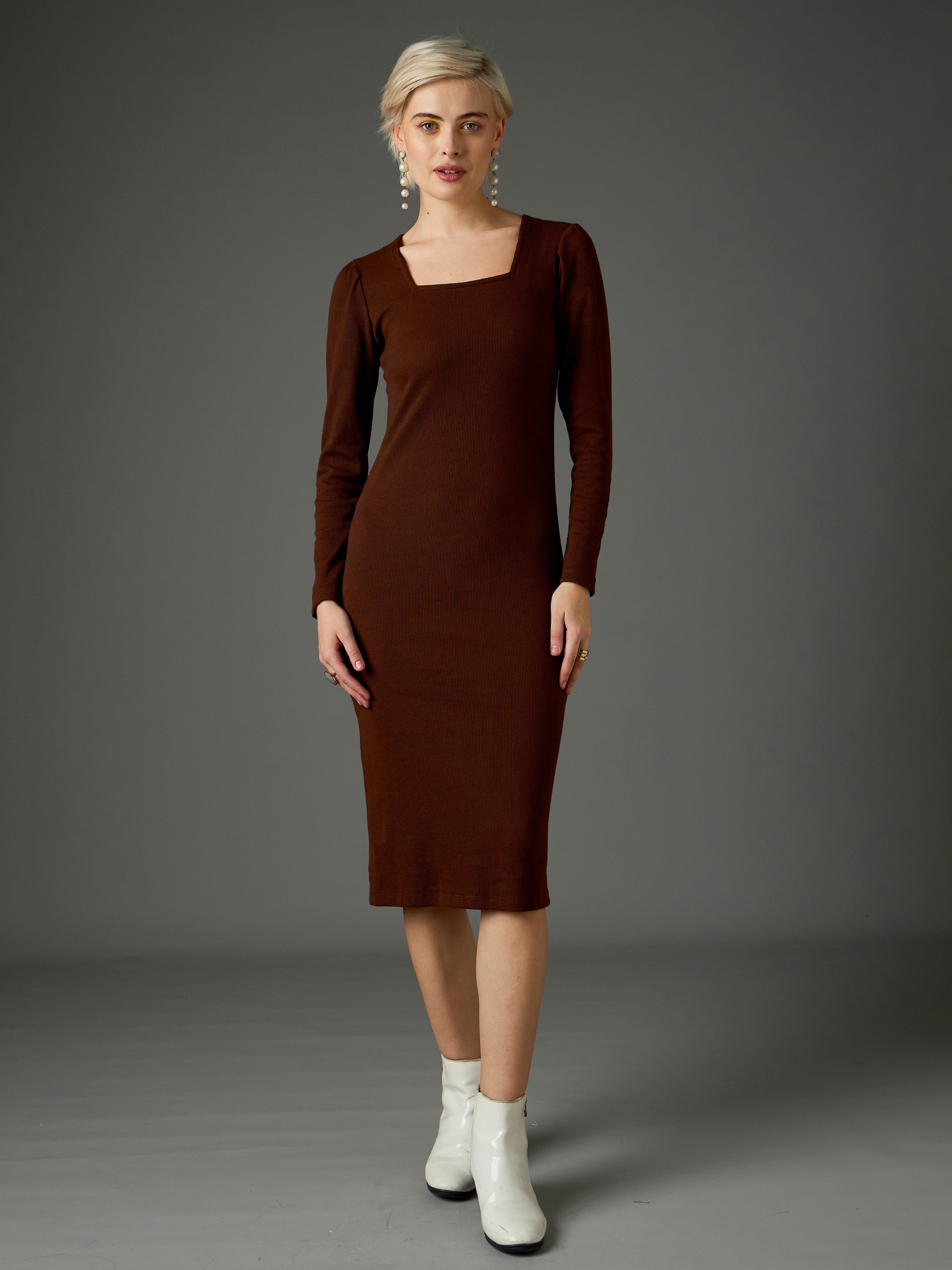Women Dark Brown Rib Puff Sleeves Square Neck Bodycon Dress-SFDRSS13348