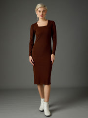 Women Dark Brown Rib Puff Sleeves Square Neck Bodycon Dress-SFDRSS13348