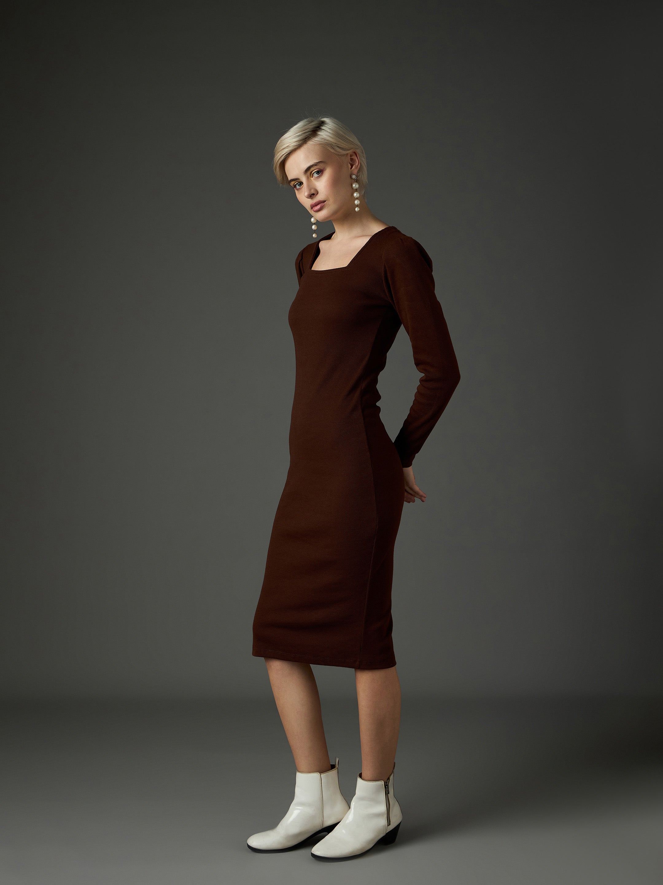 Women Dark Brown Rib Puff Sleeves Square Neck Bodycon Dress-SFDRSS13348