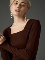 Women Dark Brown Rib Puff Sleeves Square Neck Bodycon Dress-SFDRSS13348