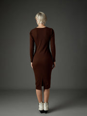 Women Dark Brown Rib Puff Sleeves Square Neck Bodycon Dress-SFDRSS13348
