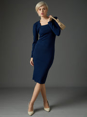 Women Navy Rib Puff Sleeves Square Neck Bodycon Dress-SFDRSS13349