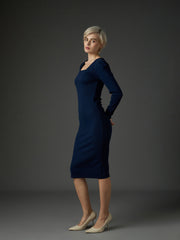 Women Navy Rib Puff Sleeves Square Neck Bodycon Dress-SFDRSS13349