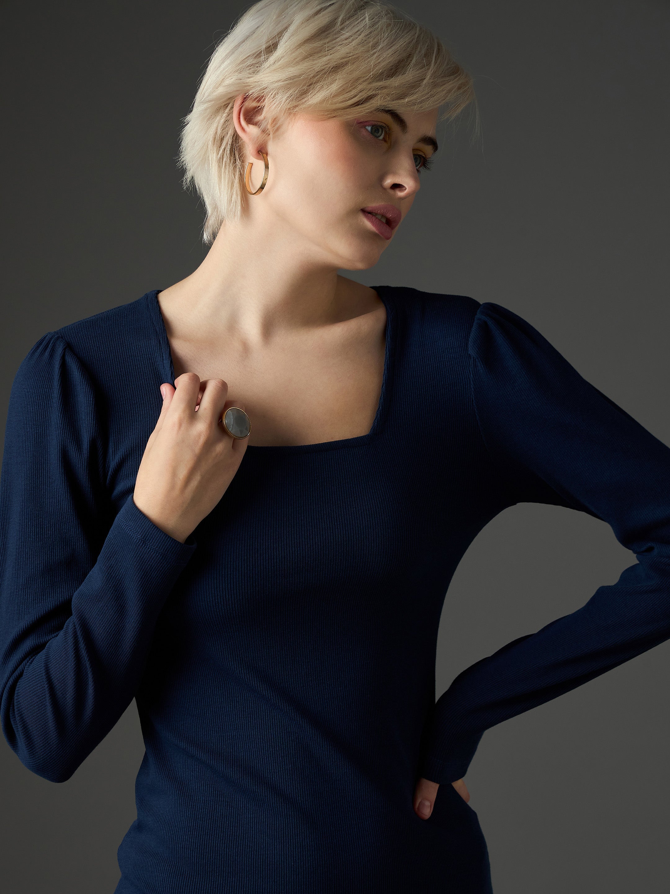 Women Navy Rib Puff Sleeves Square Neck Bodycon Dress-SFDRSS13349