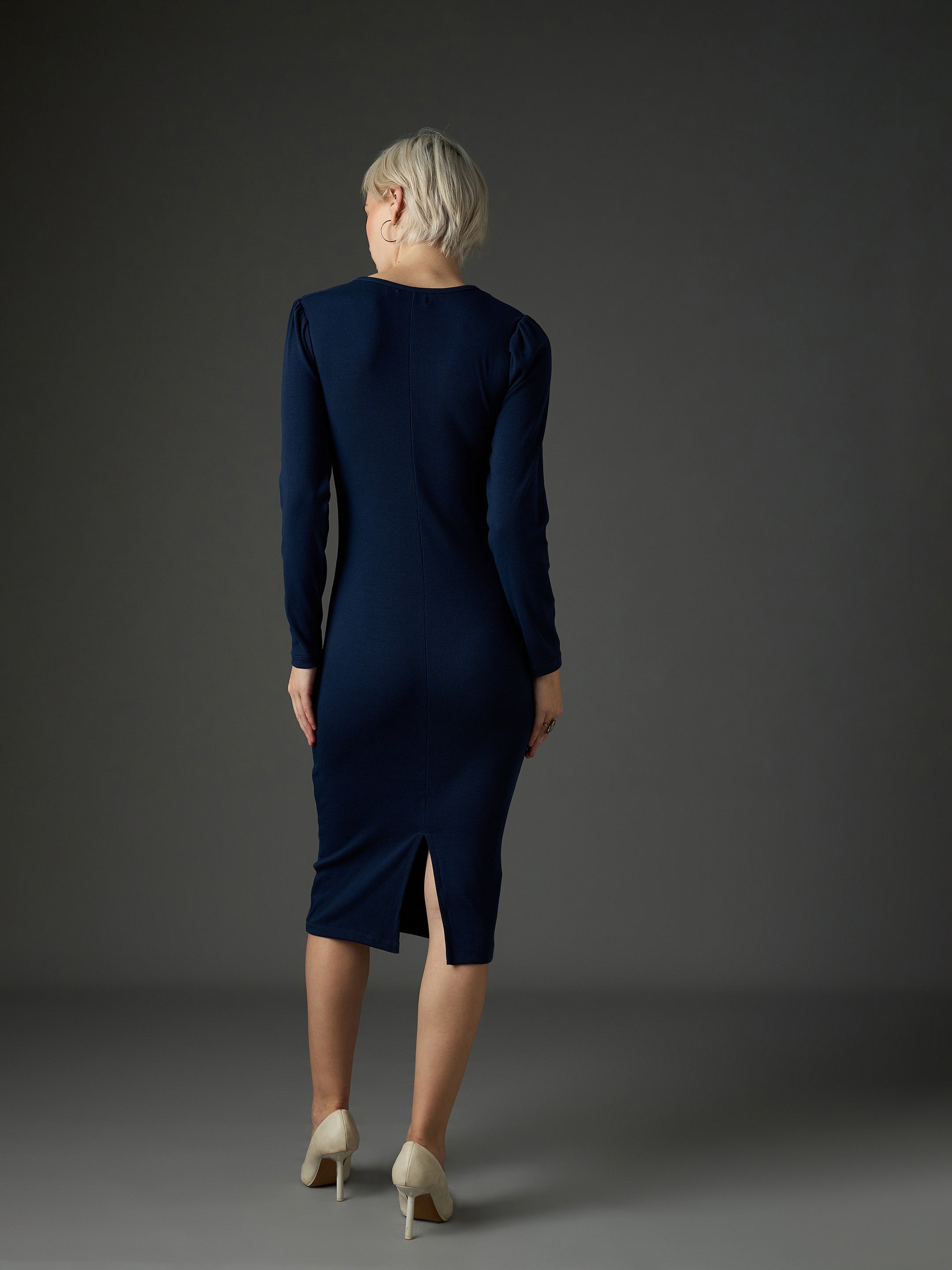 Women Navy Rib Puff Sleeves Square Neck Bodycon Dress-SFDRSS13349