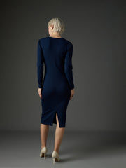 Women Navy Rib Puff Sleeves Square Neck Bodycon Dress-SFDRSS13349