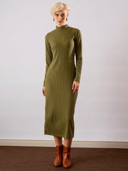 Women Olive Rib High Neck Maxi Dress-SFDRSS13350