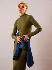 Women Olive Rib High Neck Maxi Dress-SFDRSS13350
