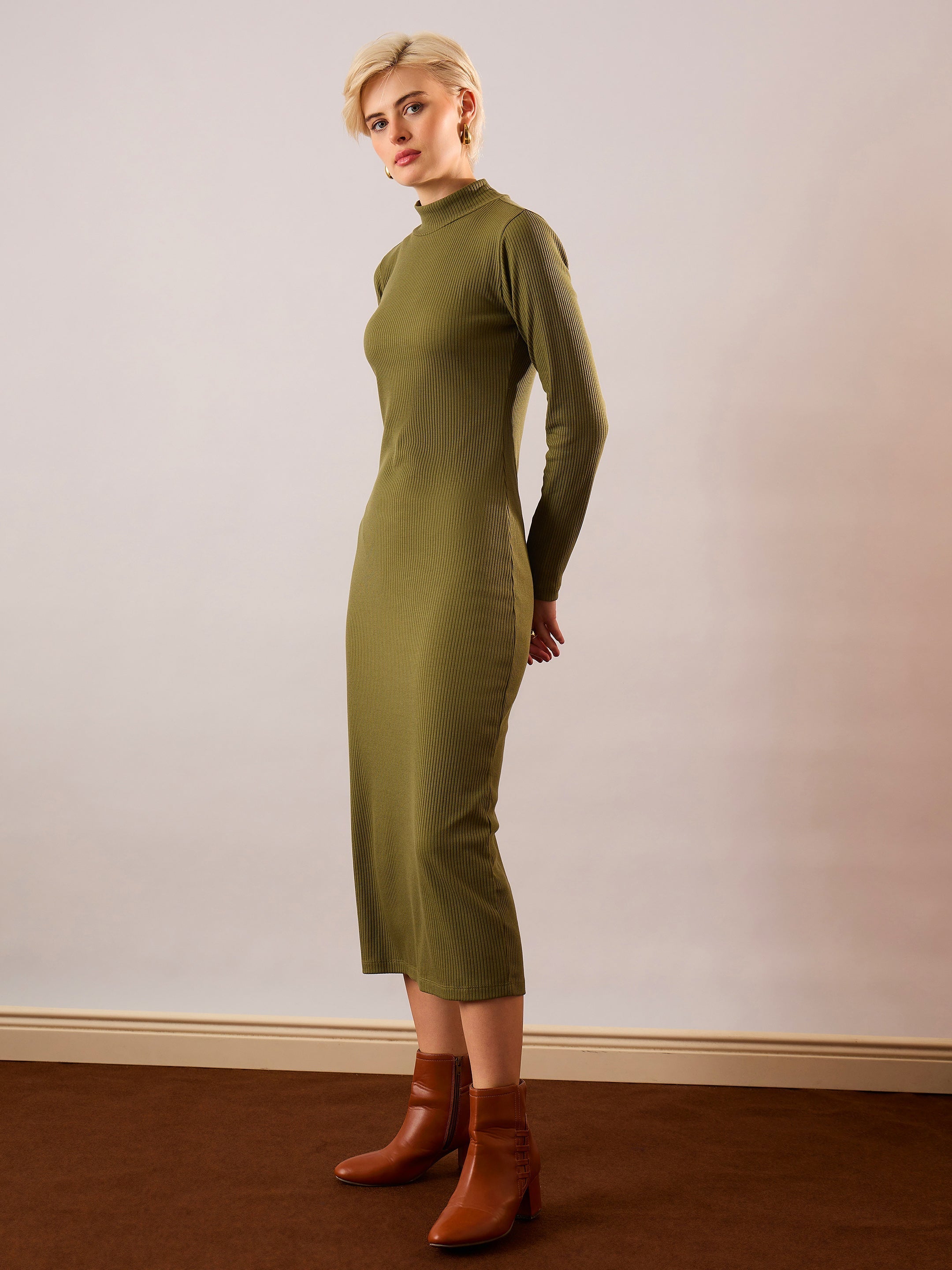 Women Olive Rib High Neck Maxi Dress-SFDRSS13350