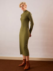 Women Olive Rib High Neck Maxi Dress-SFDRSS13350