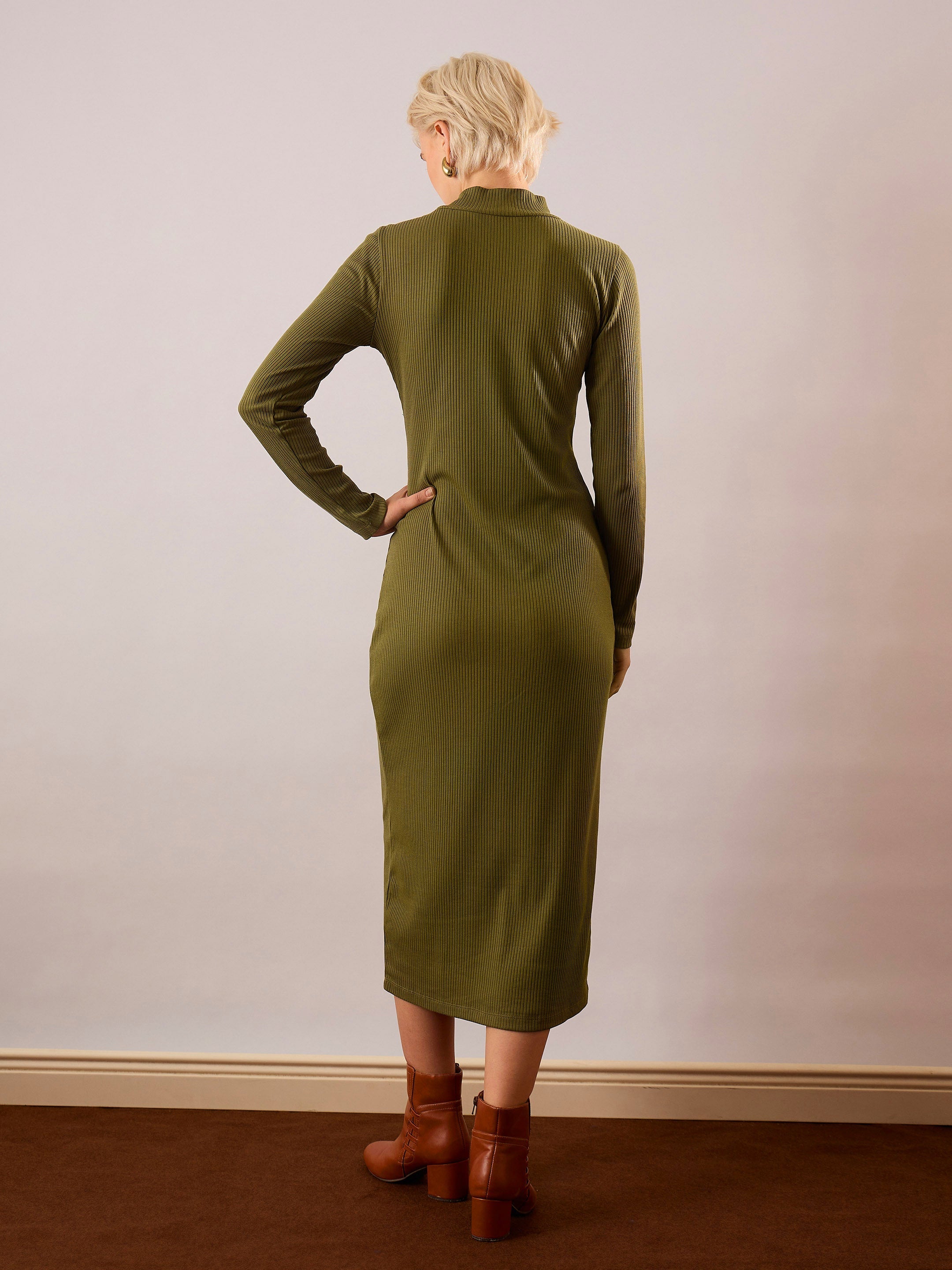 Women Olive Rib High Neck Maxi Dress-SFDRSS13350