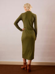 Women Olive Rib High Neck Maxi Dress-SFDRSS13350