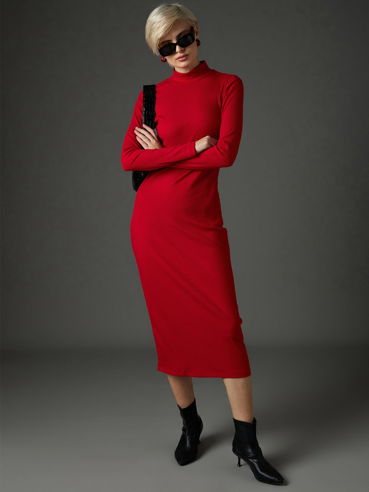 Women Red Rib High Neck Maxi Dress-SFDRSS13351