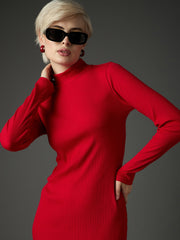 Women Red Rib High Neck Maxi Dress-SFDRSS13351