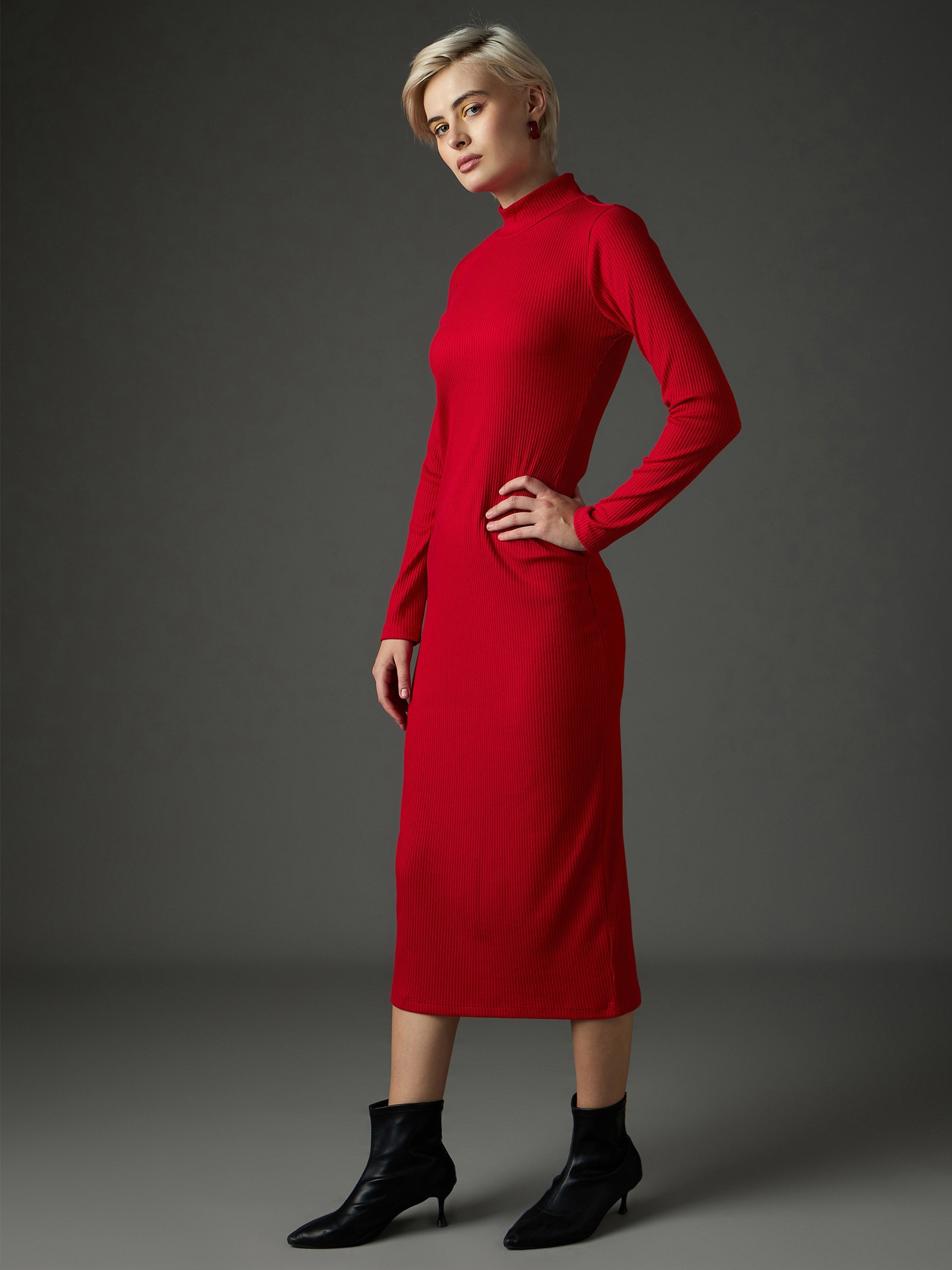 Women Red Rib High Neck Maxi Dress-SFDRSS13351