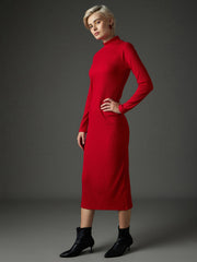 Women Red Rib High Neck Maxi Dress-SFDRSS13351