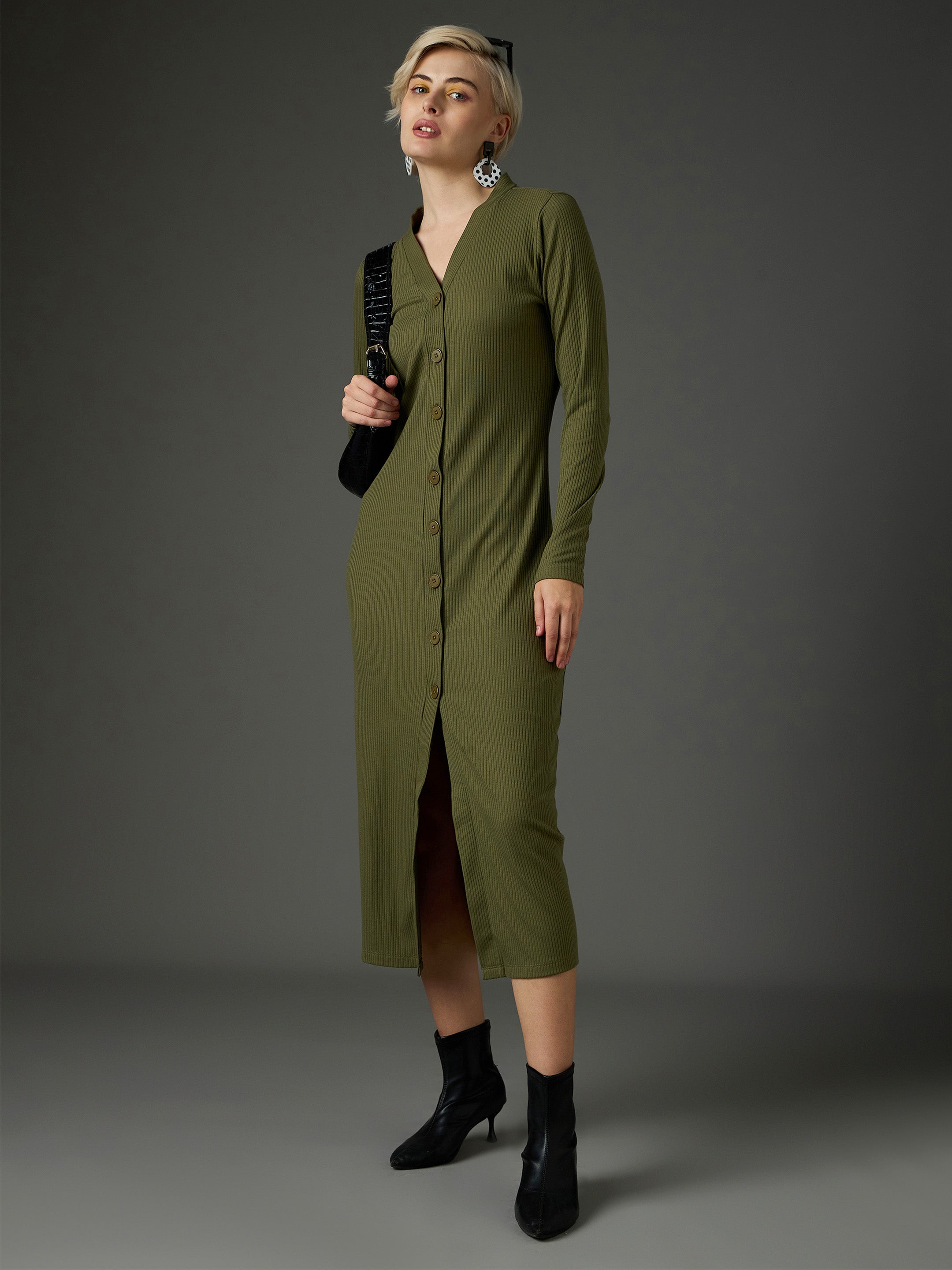 Women Olive Rib Front Button Midi Dress-SFDRSS13352