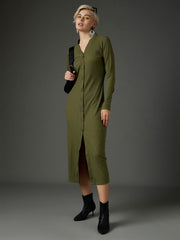 Women Olive Rib Front Button Midi Dress-SFDRSS13352