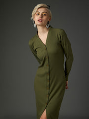 Women Olive Rib Front Button Midi Dress-SFDRSS13352