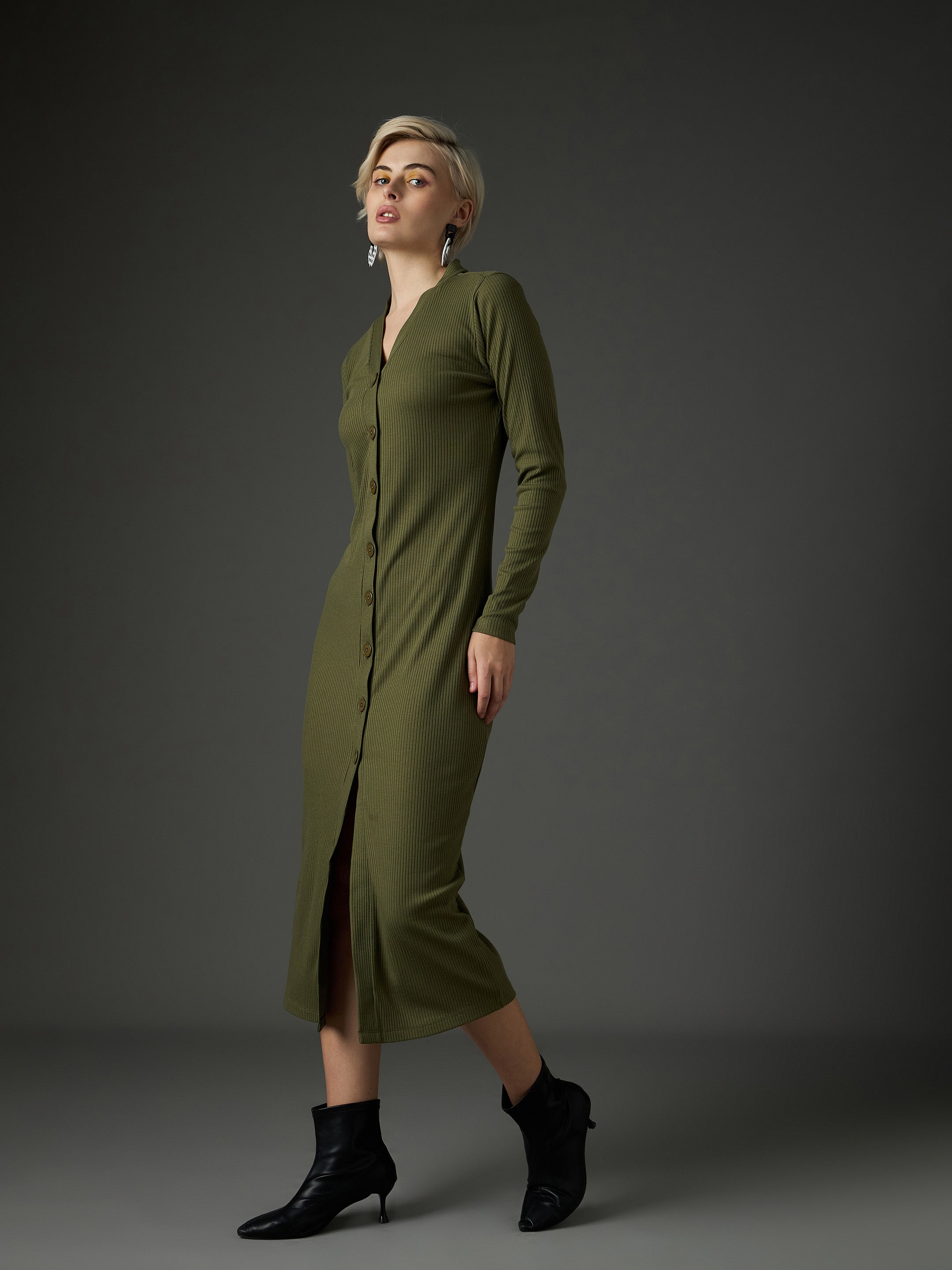 Women Olive Rib Front Button Midi Dress-SFDRSS13352
