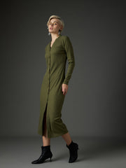 Women Olive Rib Front Button Midi Dress-SFDRSS13352