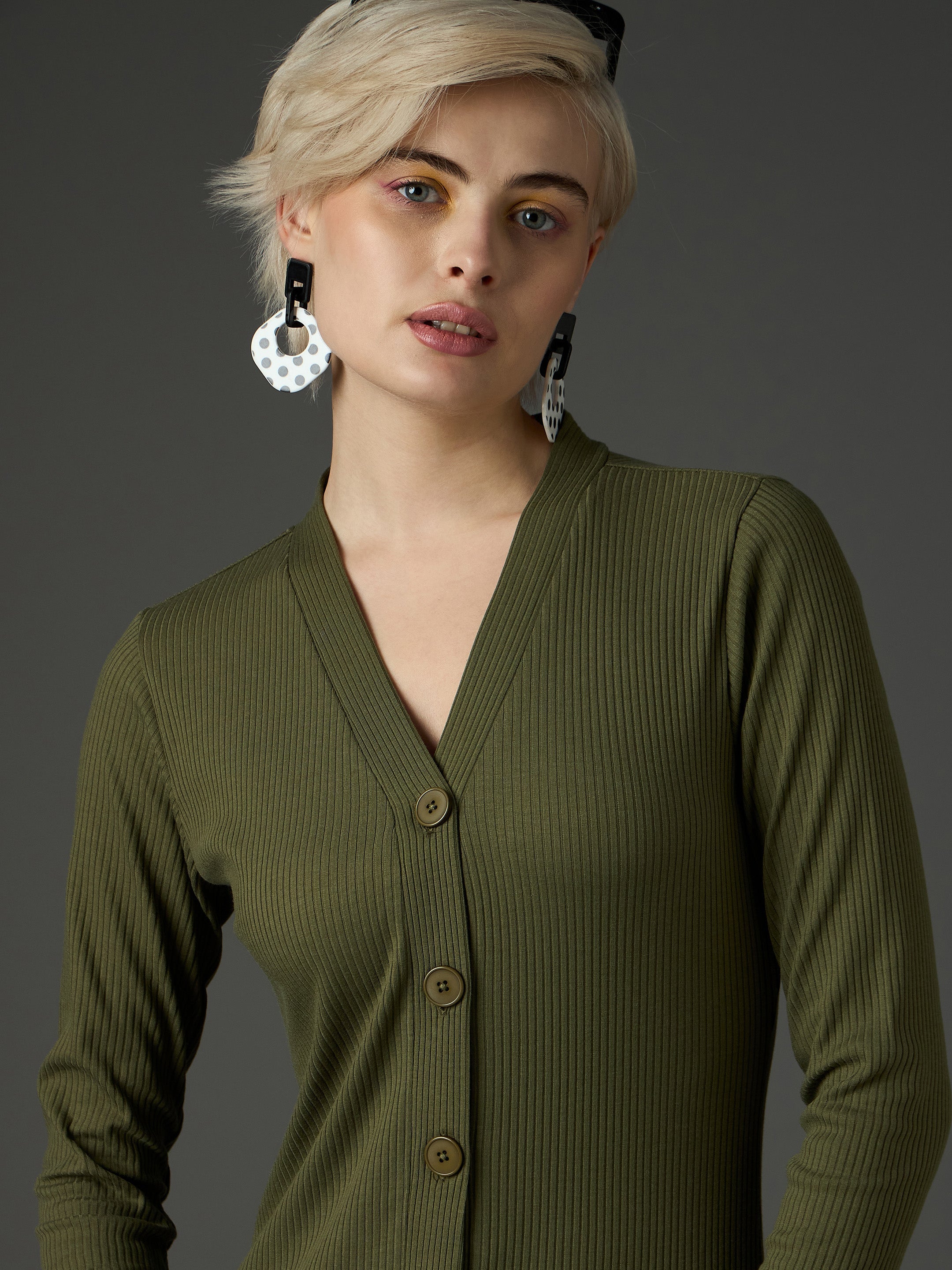 Women Olive Rib Front Button Midi Dress-SFDRSS13352