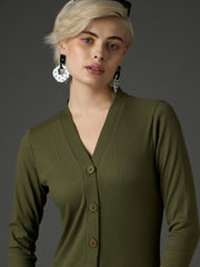 Women Olive Rib Front Button Midi Dress-SFDRSS13352