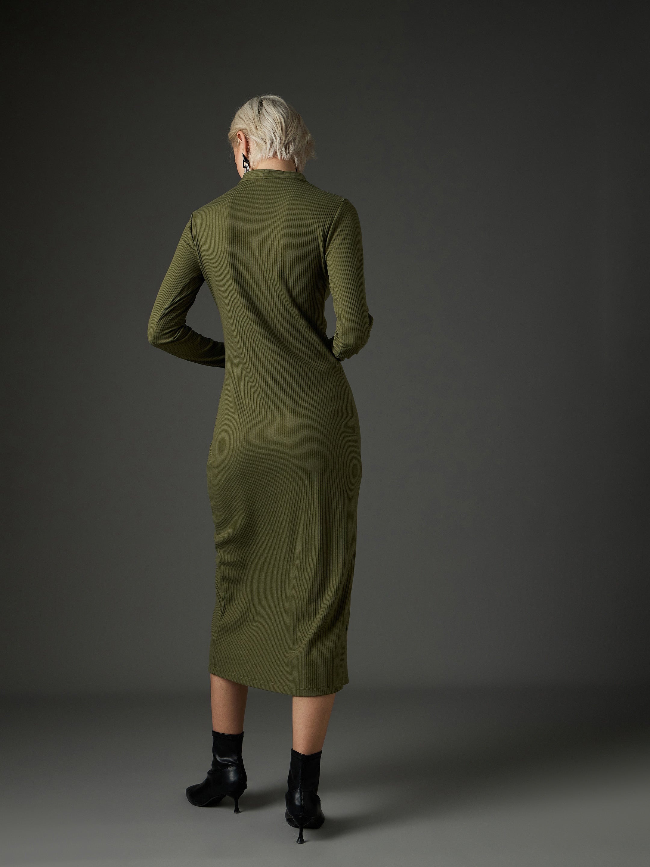 Women Olive Rib Front Button Midi Dress-SFDRSS13352