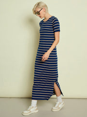 Women Navy Blue & Beige Stripeed T-shirt Dress-SFDRSS13353