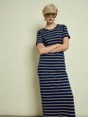 Women Navy Blue & Beige Stripeed T-shirt Dress-SFDRSS13353