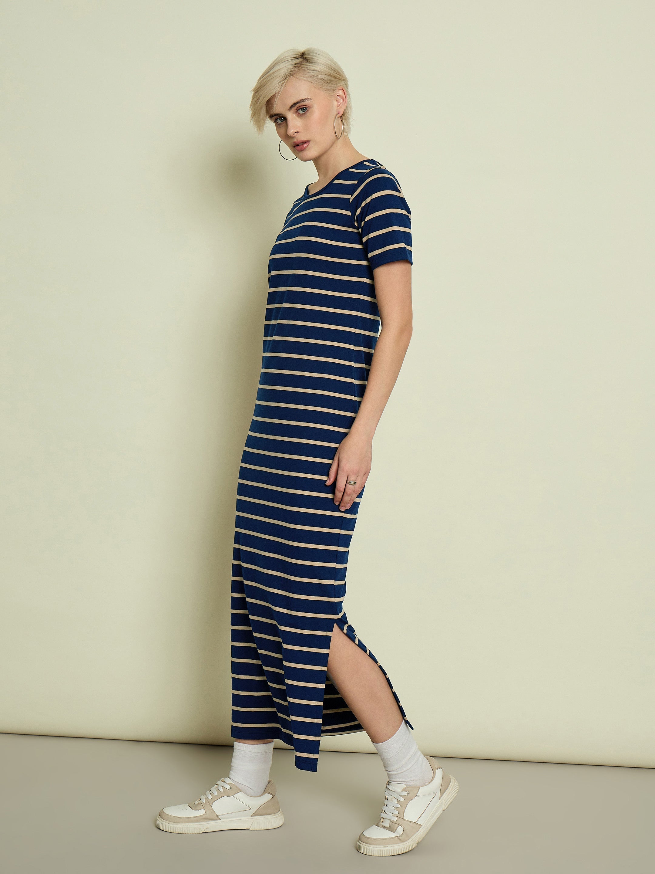 Women Navy Blue & Beige Stripeed T-shirt Dress-SFDRSS13353