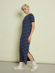 Women Navy Blue & Beige Stripeed T-shirt Dress-SFDRSS13353