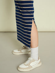 Women Navy Blue & Beige Stripeed T-shirt Dress-SFDRSS13353