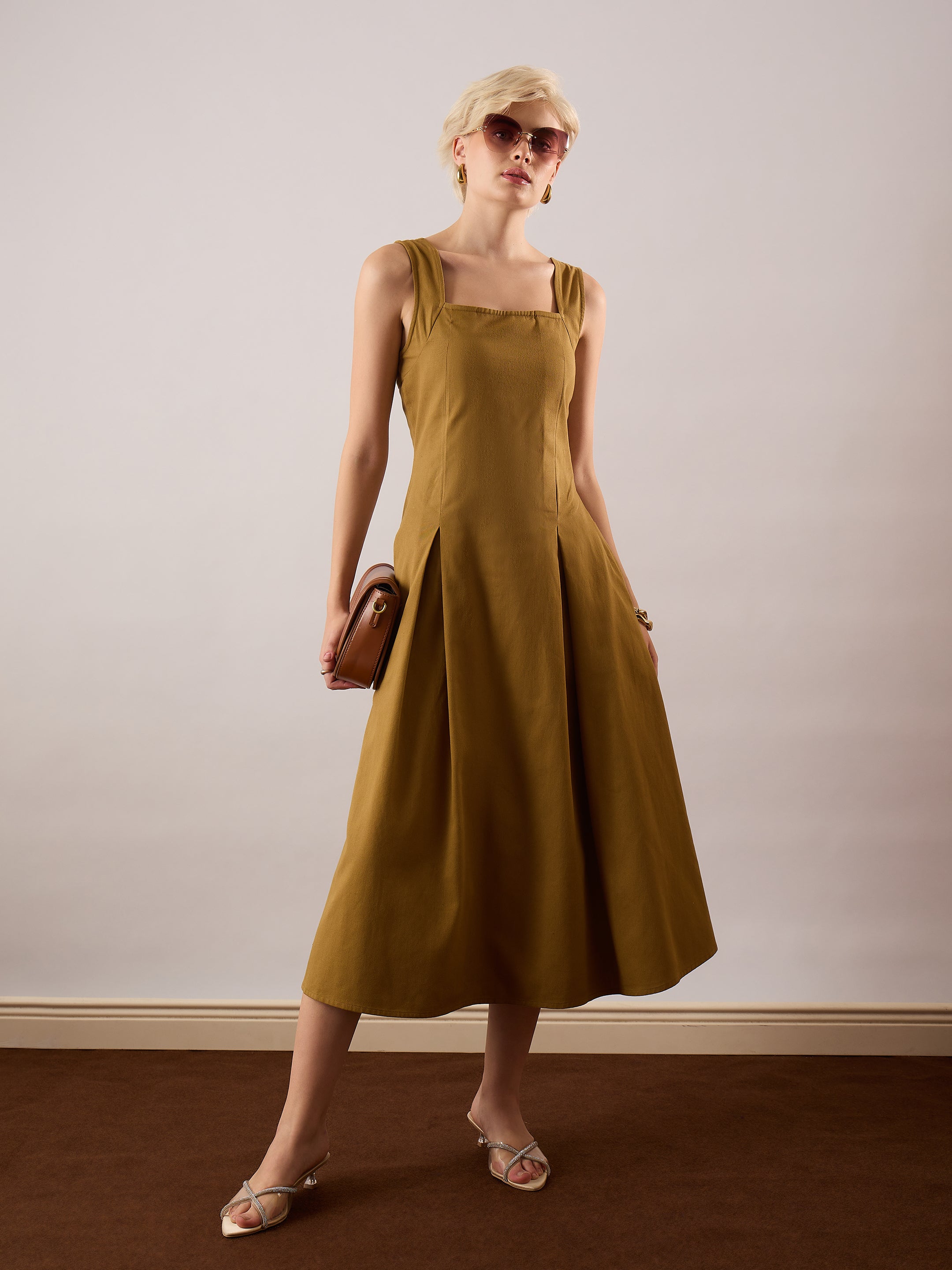 Women Khaki Brown Square-Neck Flared Midi Dress-SFDRSS13354