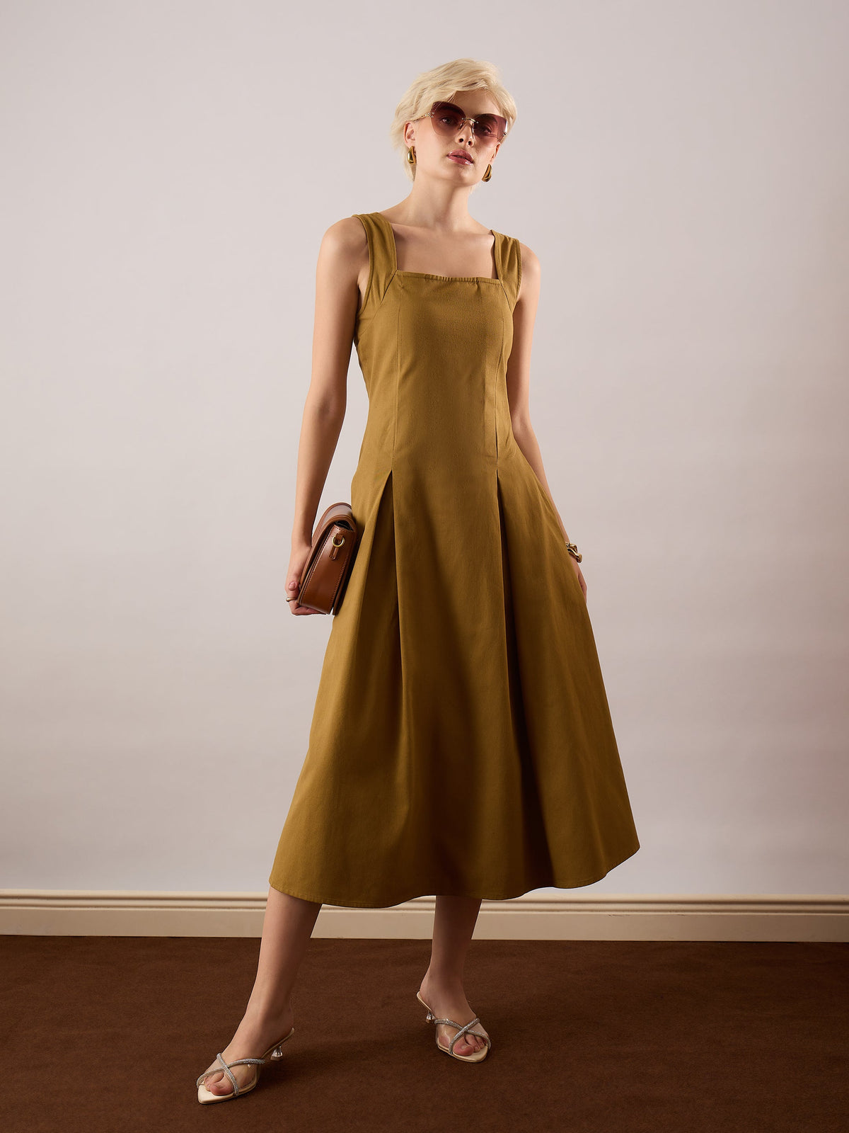 Women Khaki Brown Square-Neck Flared Midi Dress-SFDRSS13354