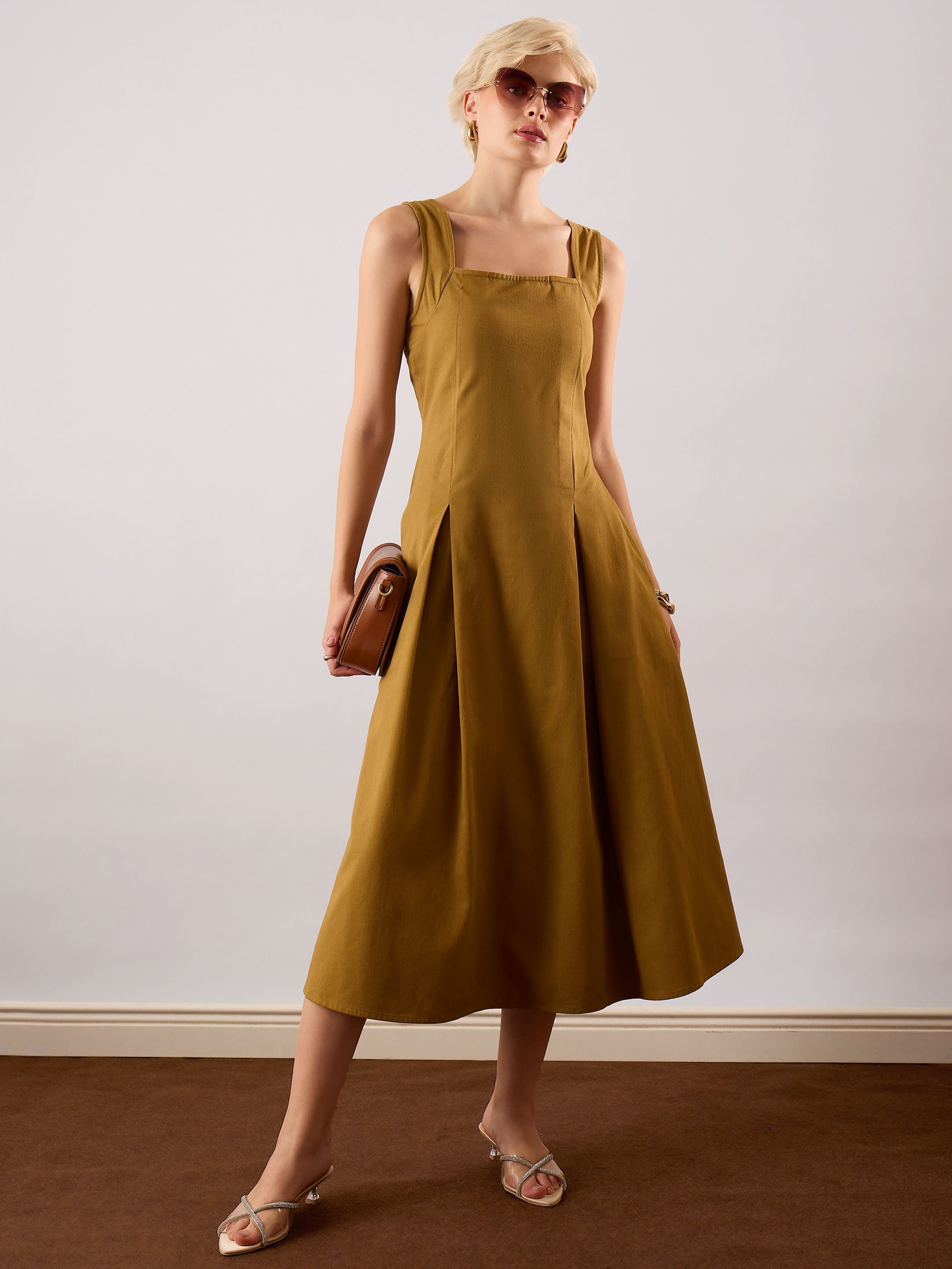Women Khaki Brown Square-Neck Flared Midi Dress-SFDRSS13354