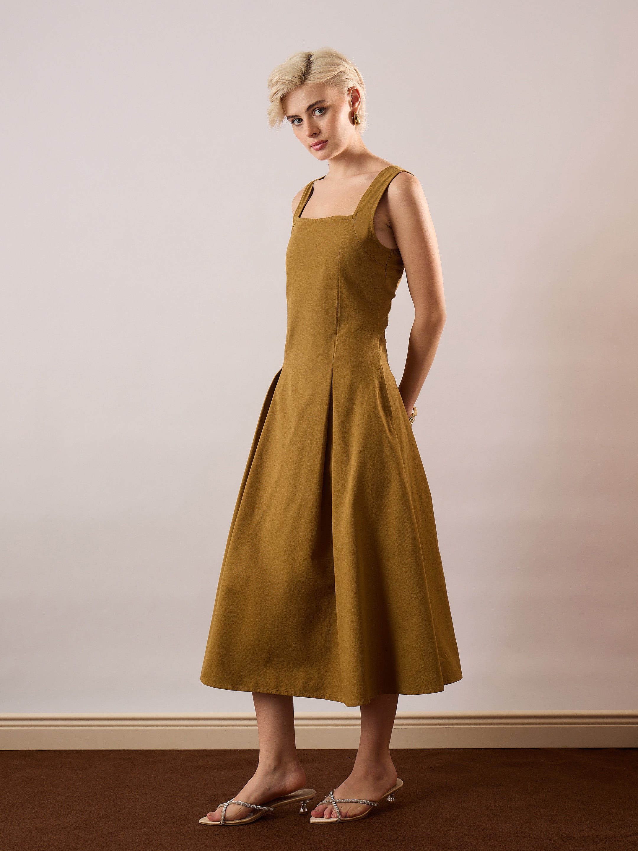 Women Khaki Brown Square-Neck Flared Midi Dress-SFDRSS13354