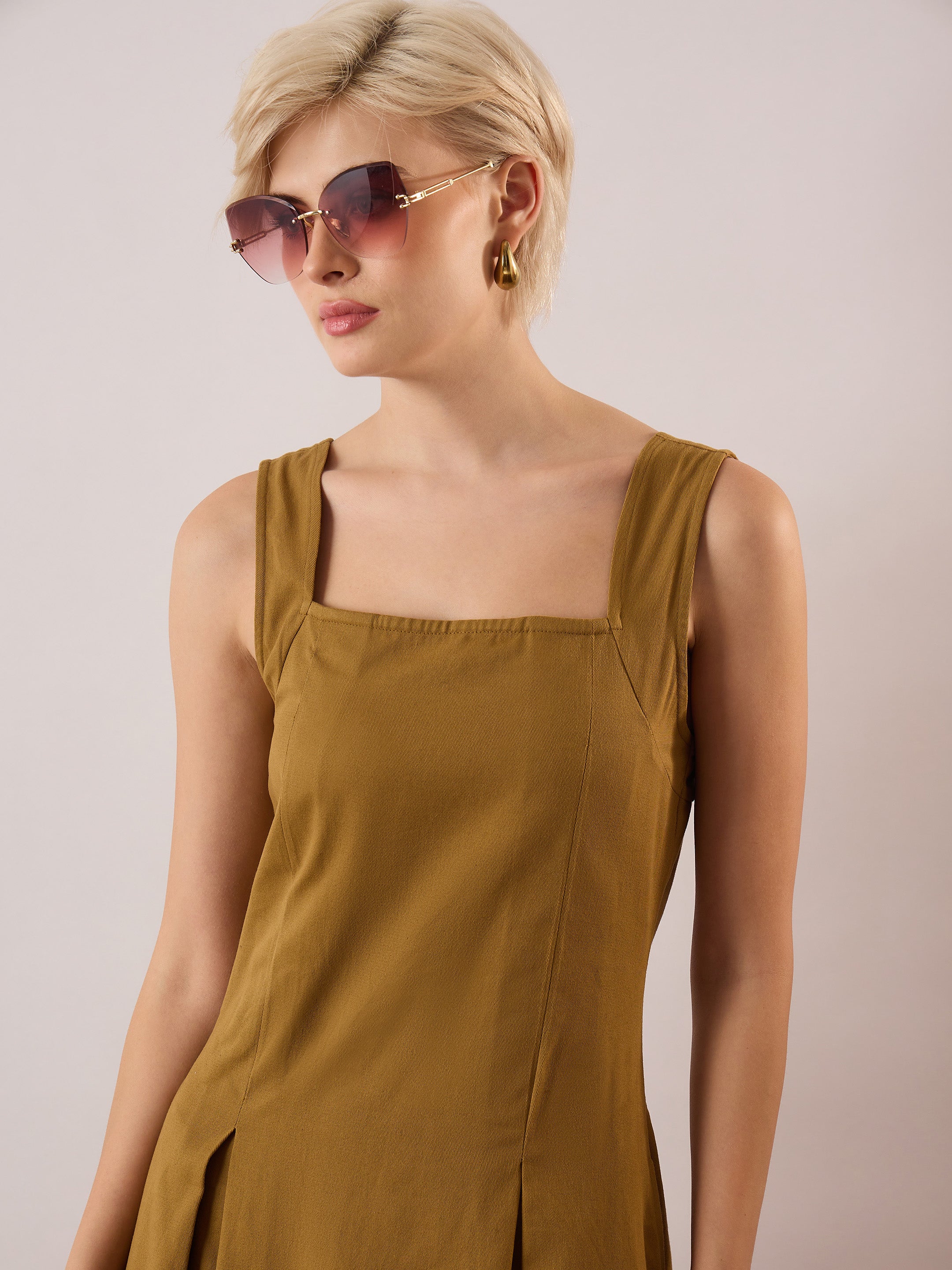 Women Khaki Brown Square-Neck Flared Midi Dress-SFDRSS13354