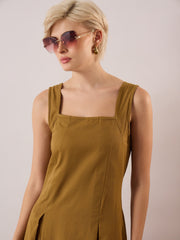 Women Khaki Brown Square-Neck Flared Midi Dress-SFDRSS13354