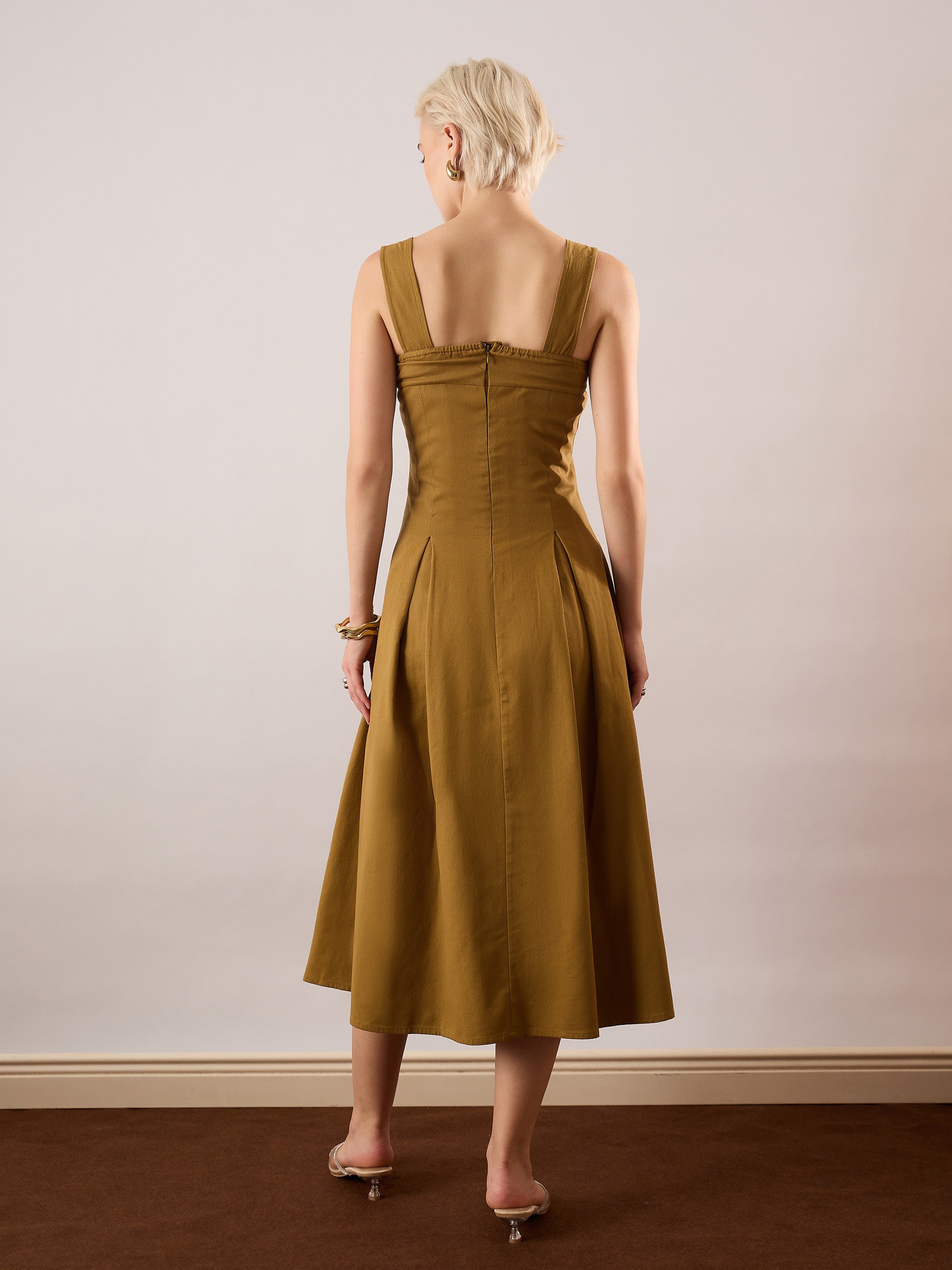 Women Khaki Brown Square-Neck Flared Midi Dress-SFDRSS13354